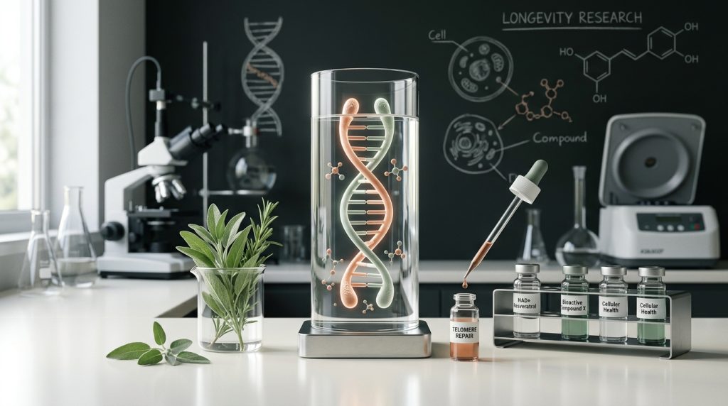 Otpornost homepage hero - longevity research Laboratorijska scena koja simbolizuje istraživanje dugovečnosti - DNK, biljke, epruvete