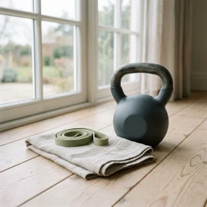 Kettlebell i traka za vežbanje na drvenom podu pored prozora, simbol treninga i pokretljivosti